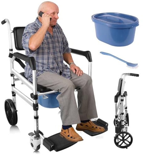 Shower Chair with Wheels 4 in 1 Folding Padded Bedside Commode Wheelchair Height Adjustable Detachable Bucket with Wheels Lifting Armrests Flip-up Footrest for Elderly Disabled (Black)