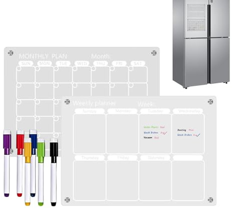 Akrylplaneringskalender för kylskåp - 2-delars vecko- och månadsplanerare,Genomskinlig magnetisk kylskåpskalender - För, Kontor, Skola, Klassrum, Familj, Måltidsplanering, Att-göra-lista och