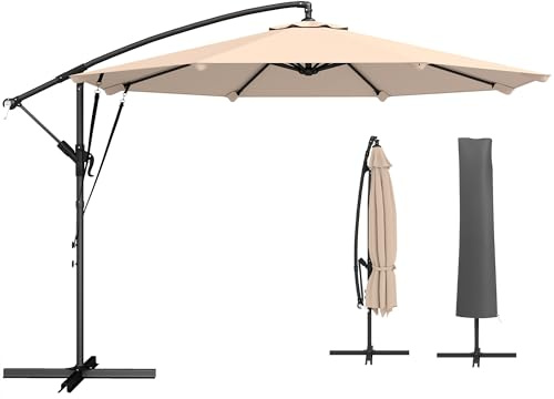 Outsunny Ombrellone da Giardino Decentrato 3x3m, Ombrellone da Esterno con Copertura Protettiva, Base a Croce, Corde Antivento, 8 Stecche, Manovella, per Piscina Terrazzo, Protezione UV, Cachi