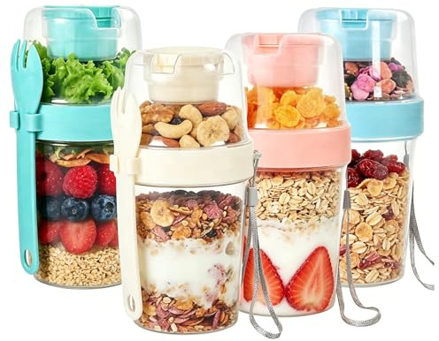 4er Set Müslibecher to Go mit Löffel, Wiederverwendbare Joghurt-Parfait-Becher, Overnight Oats Gläser, Auslaufsicher joghurtbecher to go für Müsli To Go Becher, Joghurt To Go Becher, Müslicup