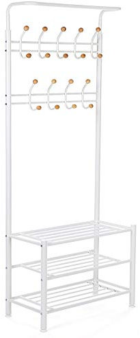 SONGMICS Garderobenständer Kleiderständer Rohrdurchmesser 32 mm mit 3 schuhablagen mit 18 Haken aus Metall, weiß, HSR04W, 68.8 x 35.2 x 187 cm (W x D x H)