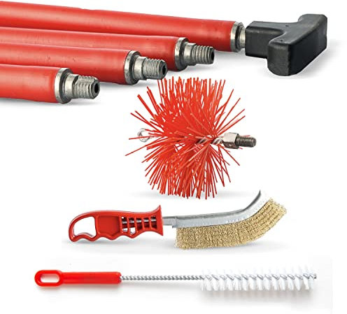 BARETTO Kit de Ramonage Cheminée, Kit de Nettoyage de Conduit à Fumée, Rallonges de 6 Mètres avec Coude à 45°, Brosse en Nylon (Ø 160 mm)