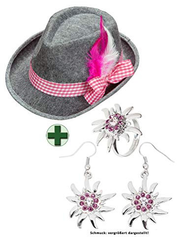 Karneval-Klamotten Oktoberfest Hut Bayern Tirolerhut grau rosa Seppelhut Damen INKL Ring und Ohrringe Edelweiß Oktoberfest Karneval