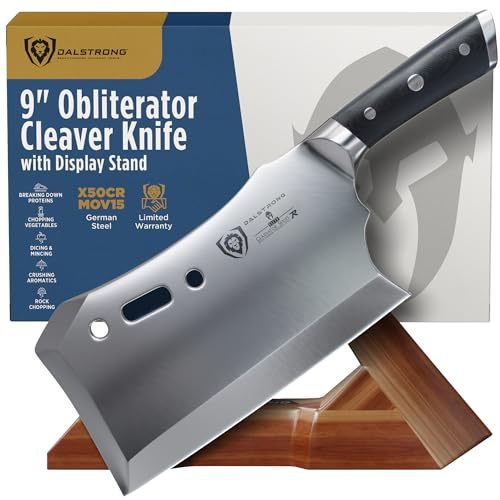Dalstrong Obliterator 9 Meat Cleaver — 6mm Thick, 2.9 lbs, 7CR17MOV Carbon Steel (60 HRC), Full-Tang G-10 Handle — For BBQ Pitmasters, Home Butchering & Heavy Prep — Wood Stand Included