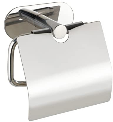 WENKO Turbo-Loc Toilettenpapierhalter mit Deckel Orea Shine, Befestigen ohne bohren, Papierrollenhalter mit Deckel zum Schutz, massive Qualität aus rostfreiem Edelstahl glänzend, 14 x 12,5 x 7 cm