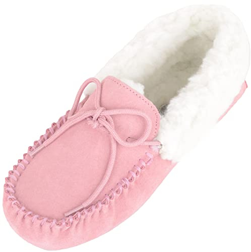 Mocassins/Pantoufles en Peau de Mouton pour Femmes Rose avec Semelle en Caoutchouc et Doublure en Laine. EU 35.5