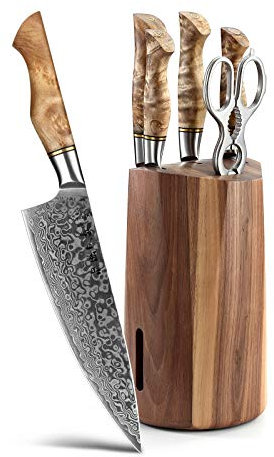 HEZHEN Set di Coltelli da Cucina,Acciaio al Carbonio di Damasco 7PCS,Coltello da Chef Coltello Multiuso Coltello Santoku,Portacoltelli in Legno di Noce,Forbici inossidabili