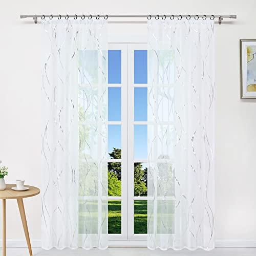 CORLIF Gardinen mit Kräuselband Transparente Gardine Schal Voile Vorhang Fensterschal Wellen Druck Silber B/H 140/145 cm 1 Stück