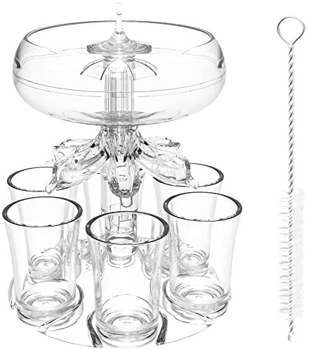 ALEVMOOM Dispensador de vasos de chupito, dispensador de chupito acrílico con 6 vasos de chupito, con cepillo, soporte separador de líquidos con dispensador para regalos de fiesta, fiesta, beber en