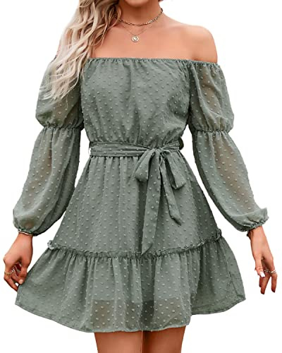 BebreezChic Sommarklänningar Off Shoulder Puff Långärmad Polka prickar Miniklänningar Cocktailklänningar, Hellgrün, L
