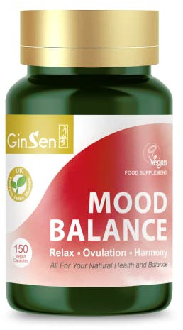 GinSen Strong Mood 150 Capsules, Natural Balance, Ovulation Support & Stress Management, Vegan Approved Supplement, Herbal Extract&Vitamins Made in UK