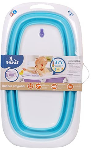 Toral Bañera Plegable Bebé con Patas Azul - Bañera Bebe con Patas Comoda, Facil de Guardar, con Tapon Indicador de Temperatura y Patas Antideslizantes - Bañera Bebé Plegable Portatil