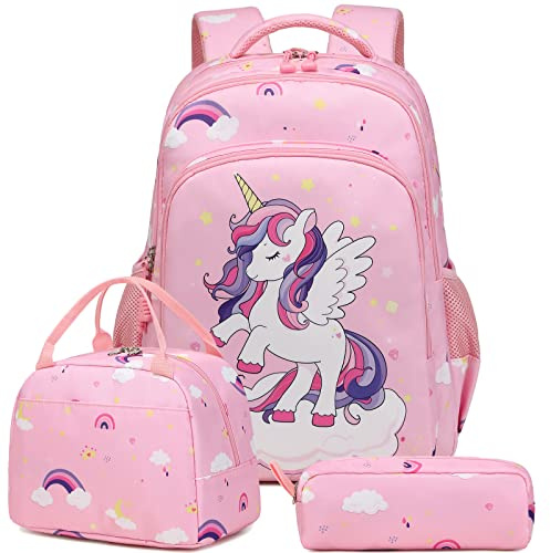 Kimwadalh Sac à Dos Fille Cartable Primaire Fille Cartable Licorne Sac école Sacs à Dos Enfant Filles Sac Scolaire Sets + Isotherme Panier Repas + Trousse