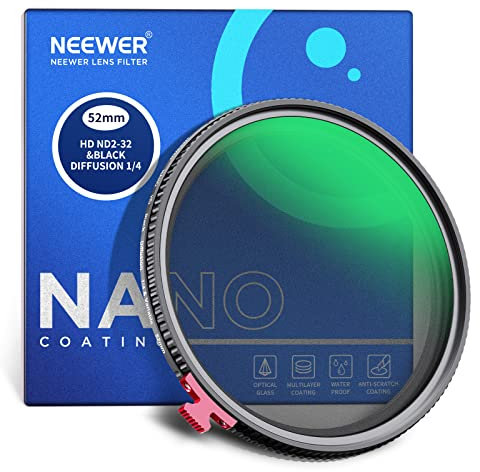 NEEWER 52mm Negro Difusión 1/4 Efecto con ND2-ND32 Variable ND Filtro 2 en 1,HD Filtro de Densidad Neutra con la Niebla de Ensueño Características Cinematográficas, Repelente al Agua/Sin X Cruz