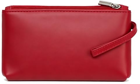 BAWAKO - Portafoglio in vera pelle con due scomparti con cerniera per uomo e donna, portamonete, portachiavi e porta carte, Rosso, L, casual