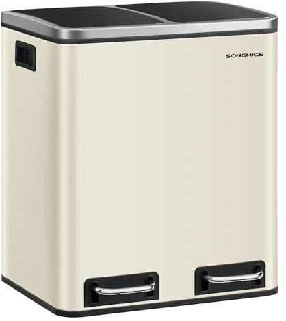 SONGMICS Kitchen Bin, 2 x 15 L Double Bin for Recycling and Waste, Pedal Bin, 15 Liners Included, Inner Buckets, Soft Close for Small Families, Steel, Sand Beige and Ink Black LTB30A02