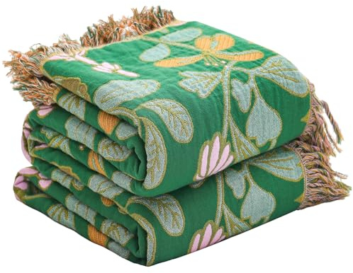 Wotcsil Boho Tagesdecke Decke 200x230 cm Baumwolldecke Couchdecke Tagesdecke Boho Sofaüberwurf Blumenmuster Decke Sofadecke Bettüberwurf, Grün Rosa