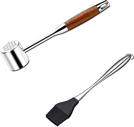 Oikabio Marteau attendrisseur de viande double face avec manche en bois antidérapant, marteau à steak avec brosse à en silicone
