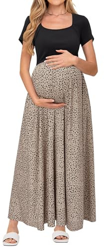 OUGES Sommerkleid Damen Lang Umstandskleid Maxikleid Elegant Kurzarm Stillkleid Sommer Kleid mit Taschen