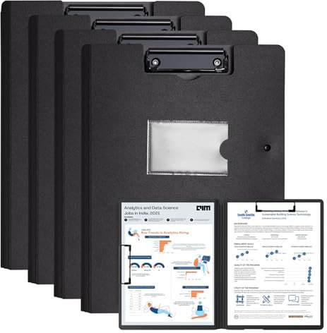 Hotyin Klemmbrett A4, 4 Stück Klemmbretter mit Doppelklammern, Klemmbrett Ordner aus Kunststoff, umklappbare Klemmbretter mit Tasche für Büro und Schulbedarf, Schwarz