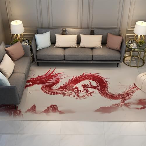LANDERSION Tradition asiatischer Stil Bereich Teppiche Maschinenwaschbarer Teppich Roter Drache Feng Shui Thema Anti-Rutsch-Teppiche für Wohnzimmer Schlafzimmer Dekor 150x220cm