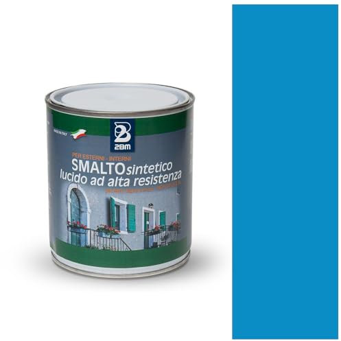 2BM Smalto Sintetico ad Alta Resistenza Blu Chiaro RAL5012 a Solvente Brillante Inodore, Non Ingiallente, Adatto a Legno, Metallo e Muro, Per Interni ed Esterni | Formato 0,75 lt