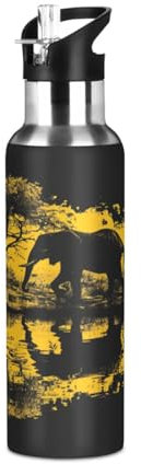 Niigeu Éléphant Animal Sauvage D'Afrique Bouteille d'eau Isotherme avec Paille en Acier Inoxydable Gourde, Sans BPA Gourdes Eau pour Enfant Sport Randonnée École Bureau (600ml/1L)