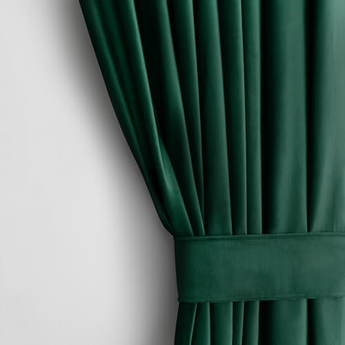 AmeliaHome Juego de Cortinas de 270 x 140 cm con alzapaños de 54 x 10 cm, Aspecto de Terciopelo, Color Verde Botella, 1 Unidad con Ojales, Terciopelo, semioscurecimiento, Cortina Decorativa