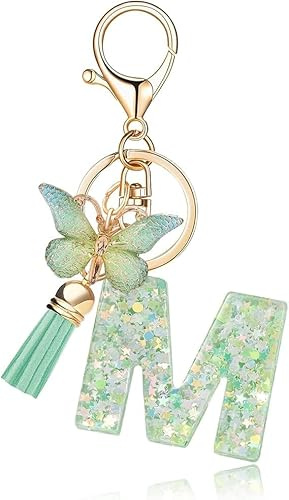 Frundoo Schlüsselanhänger mit Anfangsbuchstaben und Schmetterling in Grün - Geschenke für Damen und Mädchen
