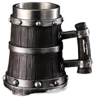 ouynngjing Boccale da birra extra large in legno, fatto a mano, con rivestimento in acciaio inox e forma creativa a botte (tazza di birra nera)