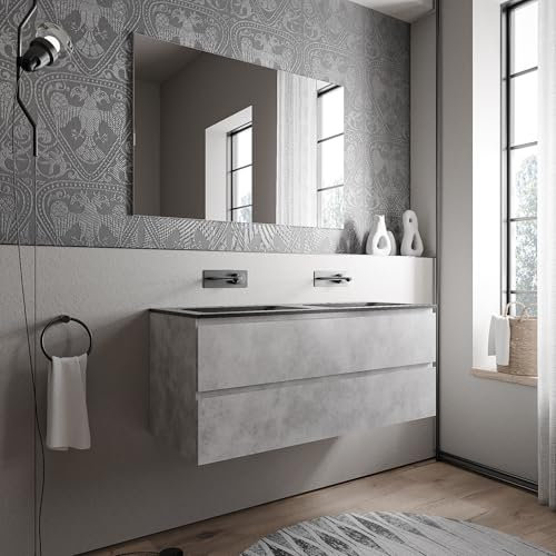 BERNSTEIN Badmöbel-Set AVA 120cm bestehend aus Mineralguss-Doppel-Waschbecken mit Unterschrank in Beton, Waschtisch Bruxelles - Schwarz matt ohne Hahnloch, Ideal für große Bäder