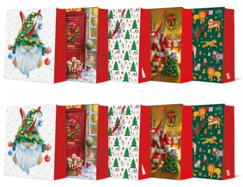 PAW - Weihnachtstüten 33,5 x 26,5 x 13cm - 10 Stück | Mix aus 5 Designs | Große Geschenktaschen mit Stoffhenkel | Weihnachtsgeschenktüten | Elegante Weihnachtstaschen für Geschenke | Geschenktüten