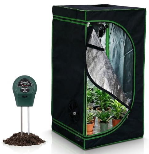 Mucola Growzelt Zuchtzelt lichtdicht wasserdicht 60x60x180 cm Schwarz | Set mit 3-in-1 Messgerät, reflektierende Innenbeschichtung, für Hydrokultur und Erdanbau, Klicksystem für schnellen Aufbau