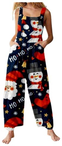 PAIDAXING Christmas Dungarees for Women UK Casual Plus Size Wide Leg Sleeveless Jumpsuits Christmas Tree Santa Print Xmas Holiday Onesis Baggy One Piece Romper Overalls with Poclets