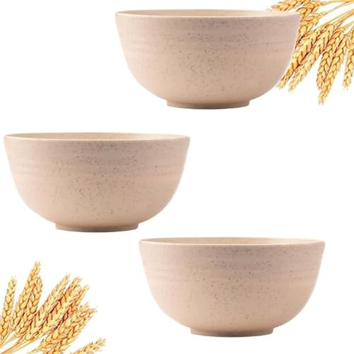 GZTFPQ Cereal Bowls Set of 3 Beige Plastic Reusable Drop-Resistant Bowls | Lightweight multi-use bowls suitable for breakfast, pasta and salad for everyday home dining