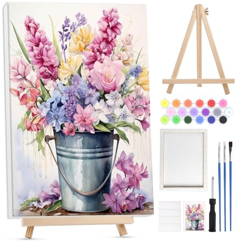 Lxmsja Pintura enmarcada por números de flores para adultos principiantes con caballete de madera, pintura de flores por números para adultos en lienzo, kit de pintura acrílica para bricolaje, arte y
