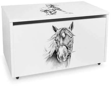 leomark Contenitore per Bambini - CAVALLO- Contenitore per Giocattoli in Legno, Panca con Ruote, Dimensioni: 71 x 40 x altezza 46 cm
