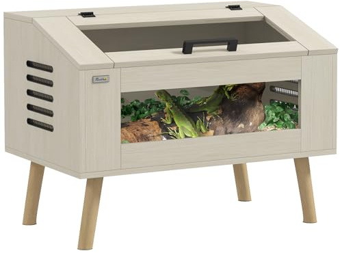 PawHut Terrario para reptiles con ventilación lateral, 111L terrario para serpientes con ventanas de vidrio templado, tapa, 80 x 50 x 60 cm madera natural