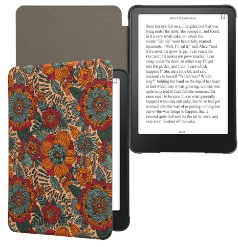 kwmobile Étui Compatible avec Amazon Kindle Paperwhite (2024)/Colorsoft - Étui à Rabat Magnétique pour Tablette en Liège Fleurs Couleurs Orange-Vert-Rouge