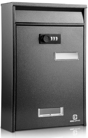 KINGCEPHAS Wall-Mounted Mailbox with Combination Lock, Suggestion Box, Square & Upright Capacity, Waterproof Postbox, High Rust Resistance Letterbox,Mailboxes for Outside, 8.5” x 3” x 12.4” (Black)
