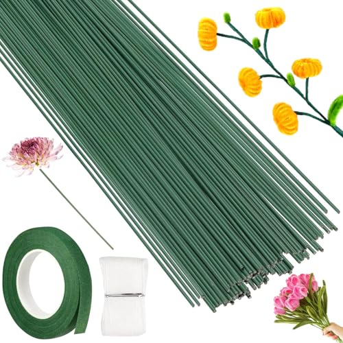 Blumendraht Grün 150 Stück - 2,2 mm x 30cm Floristikdraht mit Floristenkrepp & 3m Satinband Weiß für DIY Blumensträuße, Kunstblumen & Bastelprojekte, Stabiler Metallstiel für Floristen & Hobbybastler