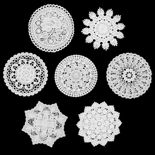 7Pcs White Vintage Crochet Lace Doilies - Handmade Round 6 Inch Table Placemats for Kitchen Wedding Party Dresser Decor Rustic Coasters Multi-Use Place Mats