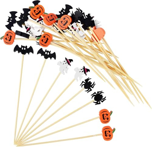Halloween Cocktailspieße, 100 Stück, Holz Zahnstocher mit Geist, Fledermaus, Spinne, Kürbis Motiven, Party Dekoration