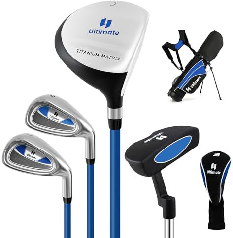 COSTWAY Set Completo di Mazze da Golf per Bambini, Inculude Fairway 3, Ferri 7 e 9, Putter, Copritesta, Borsa Portatile e Cappuccio Antipioggia, Set da Golf per Destrimano (Blu,Per 11-13 Anni)