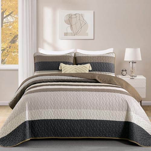 WONGS BEDDING Tagesdecke 240x260 Braun Schlieren Bettüberwurf | 3 teilig Doppelbett Gesteppt Bettdecke Mikrofaser Wohndecke mit 2 Kissenbezug 50x75 für Schlafzimmer Sofaüberwurf
