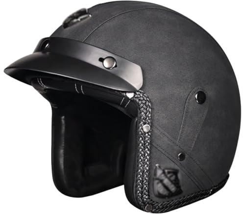 Retro-Motorrad-Sturzhelm Mit Visier, Offener Motorradhelm, ECE 22.06 Zertifiziert Jethelm Für Damen Herren, PU-Leder-Motorrad-Vintage-Rollerhelm