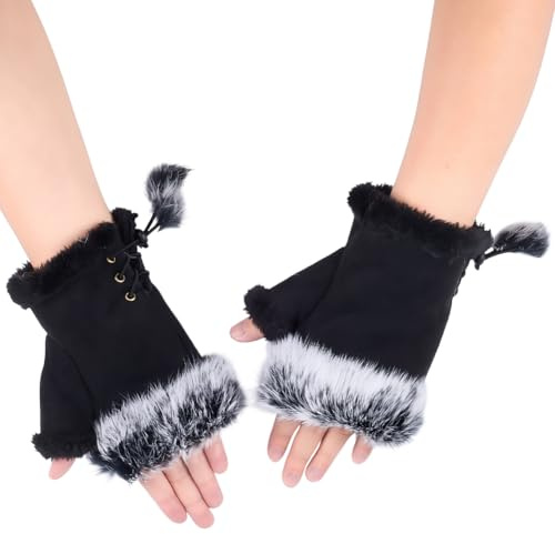 CABODYALS 1 par svarta stickade fingerlösa handskar vita fluffiga mjuka handledsvärmare med tumhålshandske fuskpäls plysch varma vantar för kvinnor unisex vinter höst skriva körning