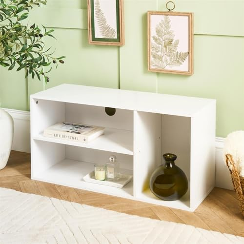 OHS TV Stand Cabinet Modern Style TV Table with 3 Open Storage Shelf Oslo White Wooden Frame Decorative TVs Unit Console Table for Living Room Bedroom Entertainment Hallway