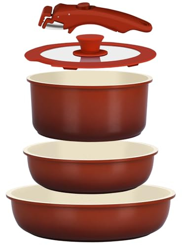 GiPP Pot and Pan Sets with Detachable Handle, 5Pcs Induction Cookware Sets with Ceramic Non-Stick Coating, Stackable Cooking Pot Set, Mobile Cookware for All Stove, Ovenproof Safe, Red Gradient