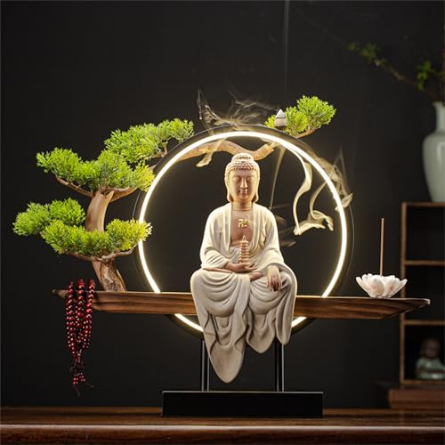 Large Buddhist Statue with Incense Burner And LED Circle Table, Buddha Figure Lamp Wall Light 3D Mural Sconce Lamp Zen Light Wall Decor Hanging Artwork Wall Art for Living Room Incense Porch